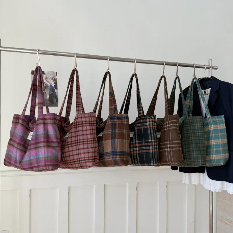 Colored Plaid Women's Woolen Shoulder Bags Vintage Large Capacity Ladies Handle Canvas Tote College Style Girls Book Handbags