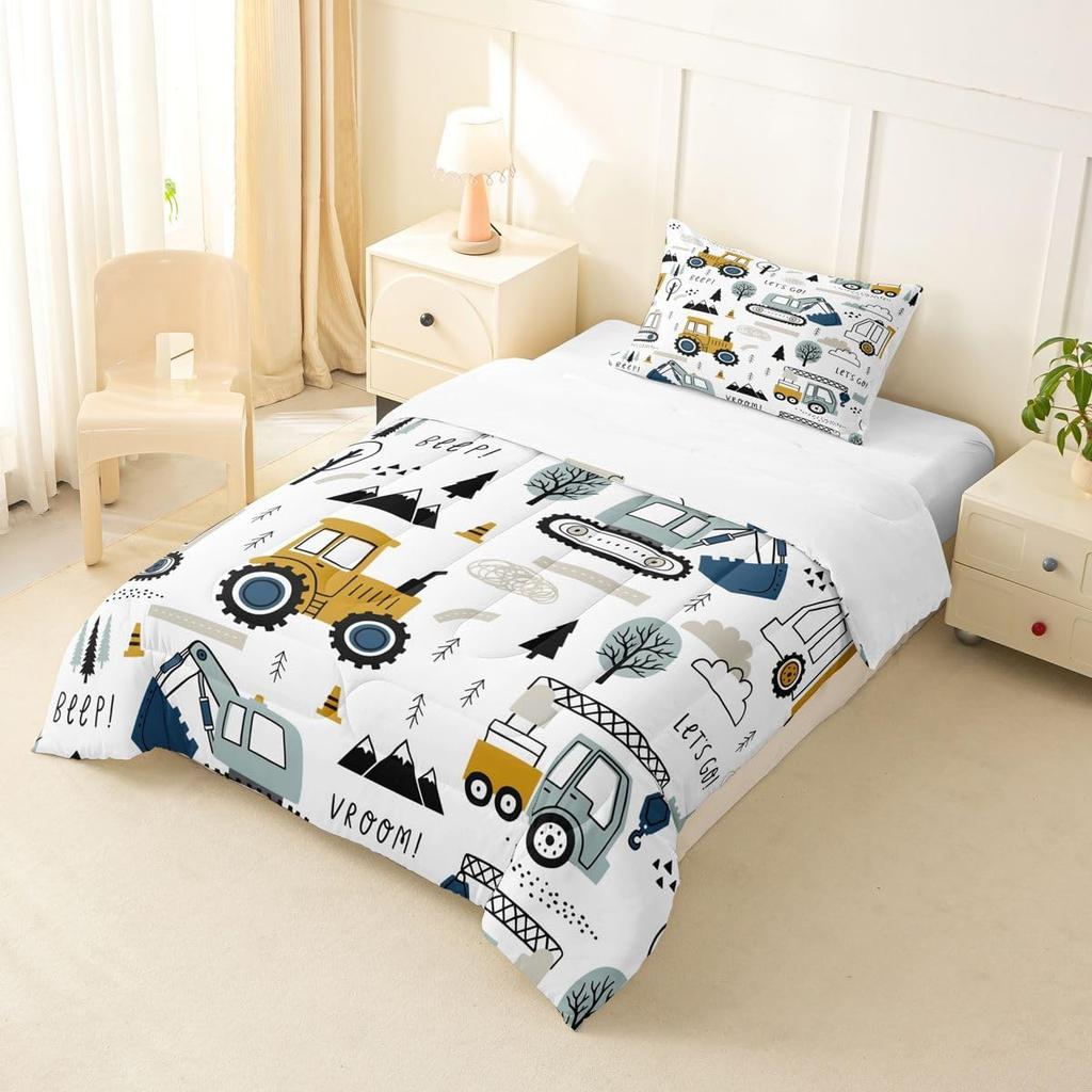 Feelyou Cartoon Car Kids Comforter Set Construction Bedding Set for Boys Toddler Decor Equipment Trucks Comforter Cartoon Car Excavator Trac