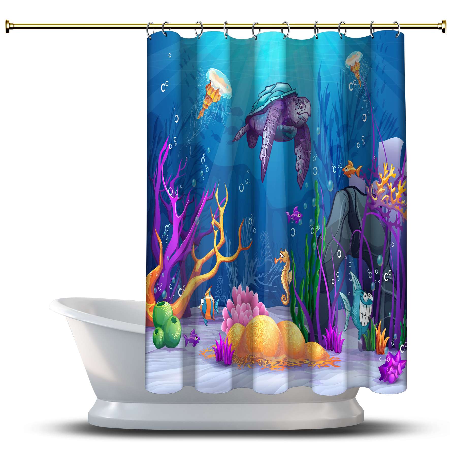 

Занавеска для душа с подводным принтом / водонепроницаемая для вашей ванны. Украшения для ванной комнаты - многомерные забавные рыбы, черепахи и морские коньки.