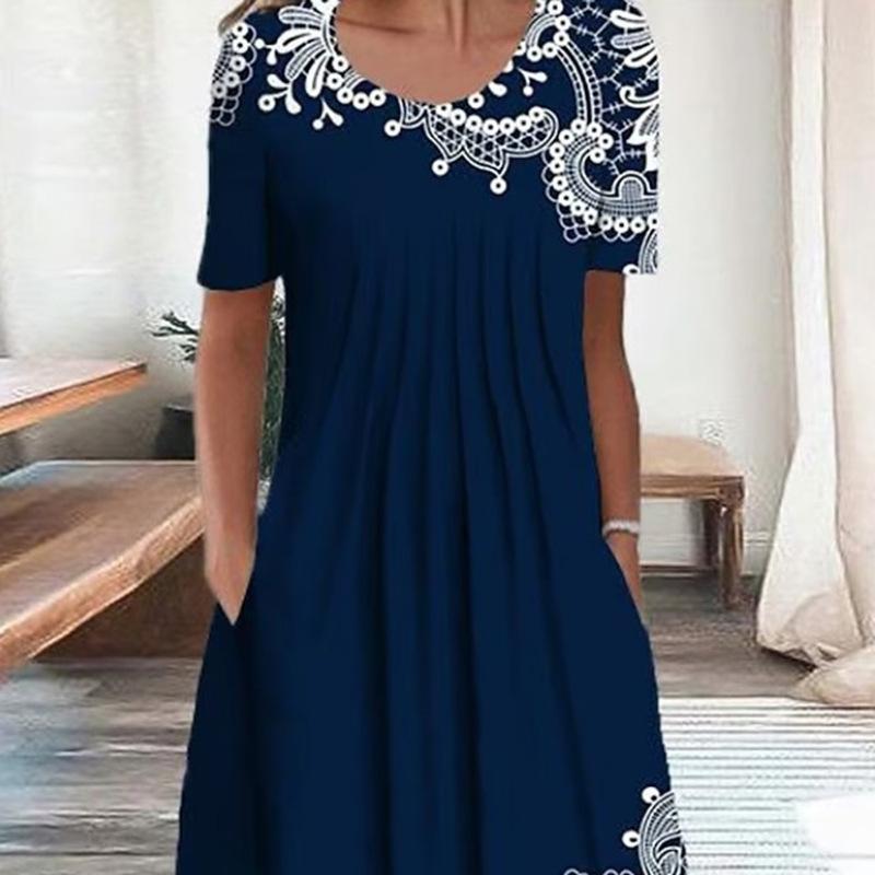 Spring and Summer Floral Print Crew Neck Pocket Women's Fashion Casual Crew Neck Trend Print Medium and Long Dress