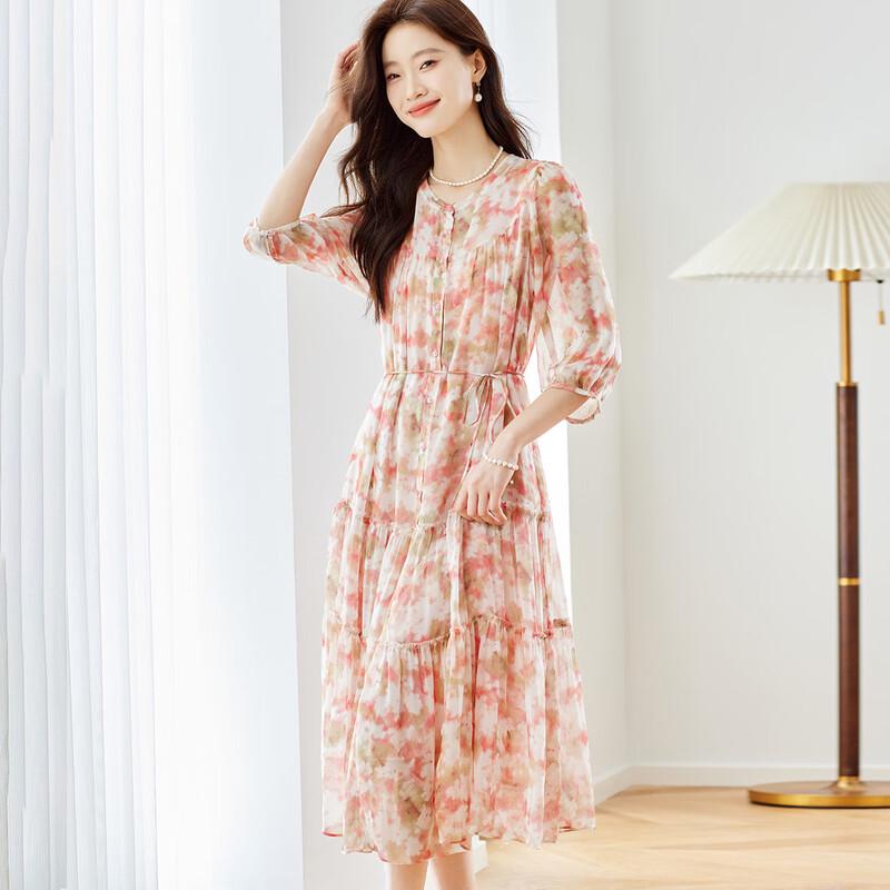 Srcr Women's Elegant French Style Mulberry Silk Floral Dress