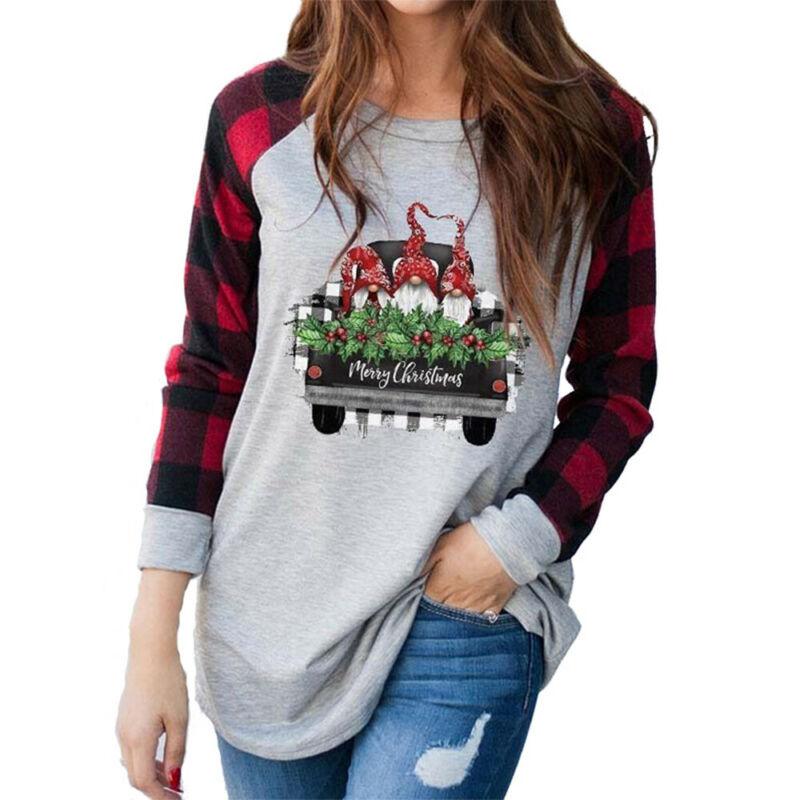 Womens Long Sleeve Hoodie Sweatshirt Christmas Plaid Contrast Color Tunic Tops Winter Warm Sweatshirt