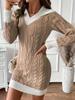 Fall Winter Long Sleeve Argyle Knit Sweater Dress with Mock Neck and Color Block, Mini Length
