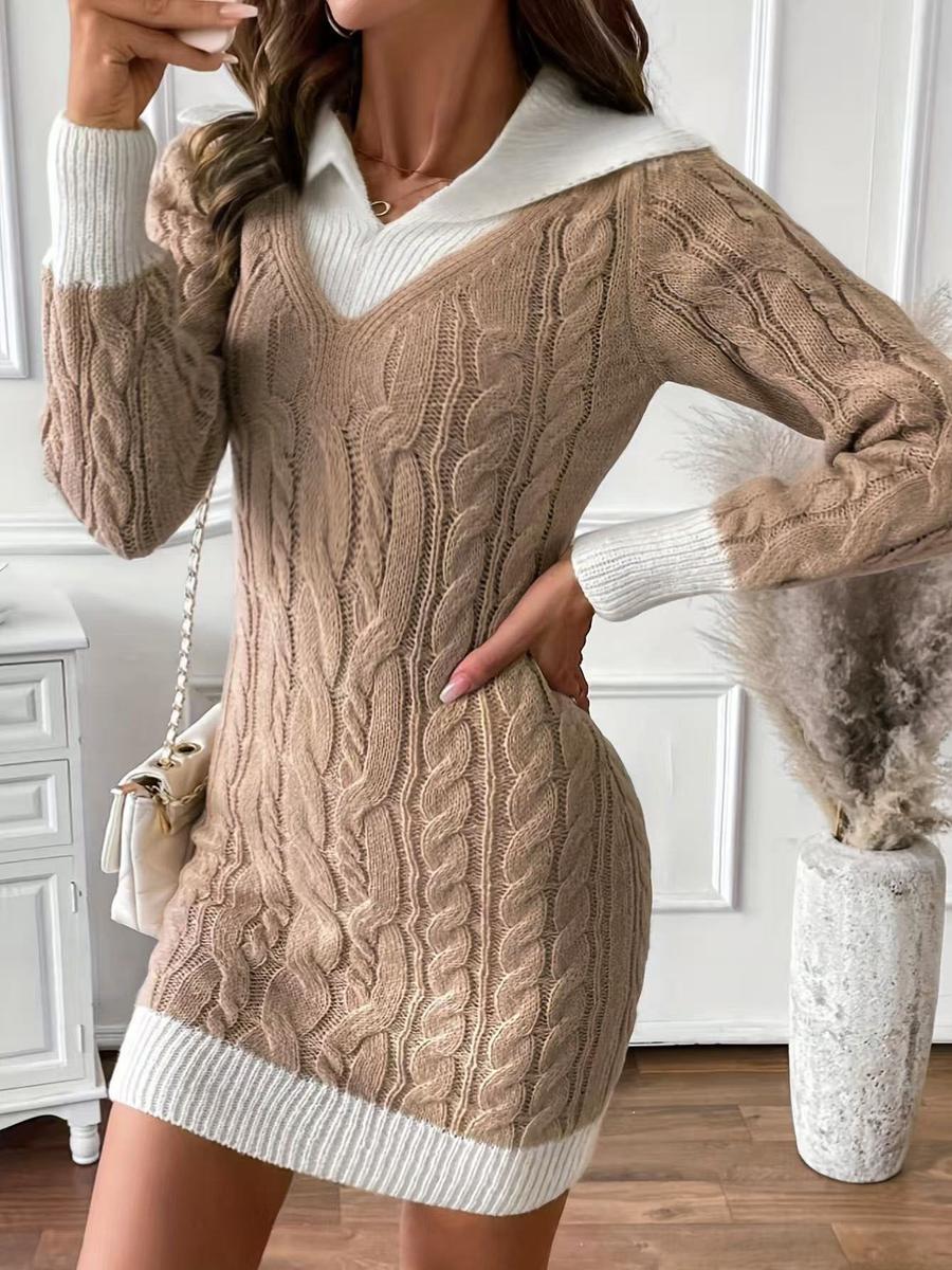 

Fall Winter Long Sleeve Argyle Knit Sweater Dress with Mock Neck and Color Block, Mini Length XL хакі