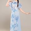 Women's Chinese Traditional Dance Dress, Bamboo Print Cheongsam Style Flowy Practice Costume For Tea Art & Folk Dance