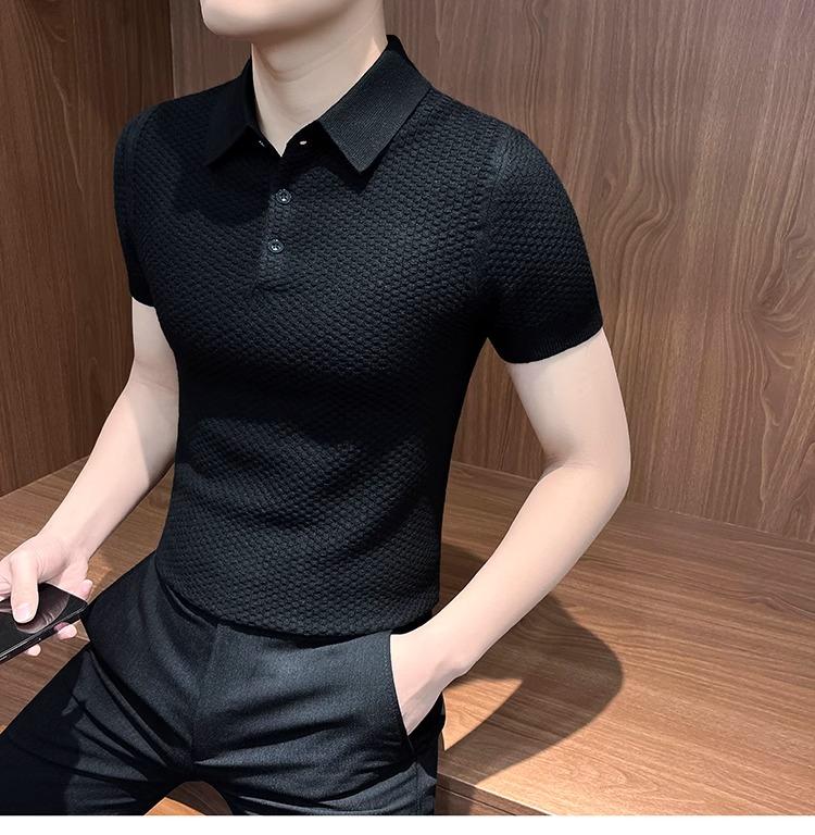 

Мужское летнее поло, вязаное из ледяного шелка, с коротким рукавом, легкое, роскошный воротник, эластичная футболка M чёрный