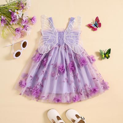 Baby Girls Birthday Party Sleeveless Dress Summer 3D Flowers Cute Tulle Princess A-Line Dress with Butterfly Wing