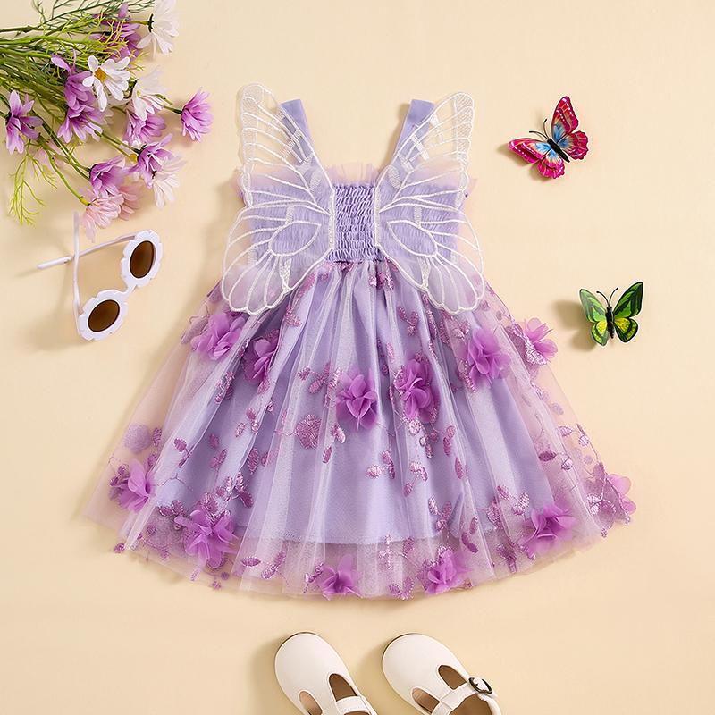 Children Clothing Yulin-001 Unisex Infant Purple Baby Girls Birthday Party Sleeveless Dress Summer 3D Flowers Cute Tulle Princess A-Line Dress With Butterfly Wing Cm