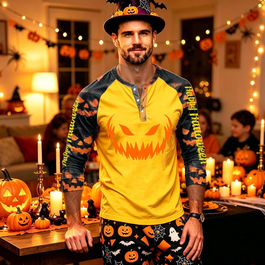Men's Long Sleeve Shirt with Halloween Print for Holiday Parties and Casual Wear