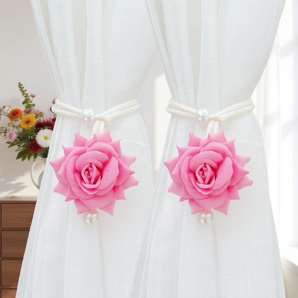 2Pcs Romantic Rose Curtain Strap Gauze Curtain Strap Simulation Rose Valentine's Day Decorative Curtain Strap