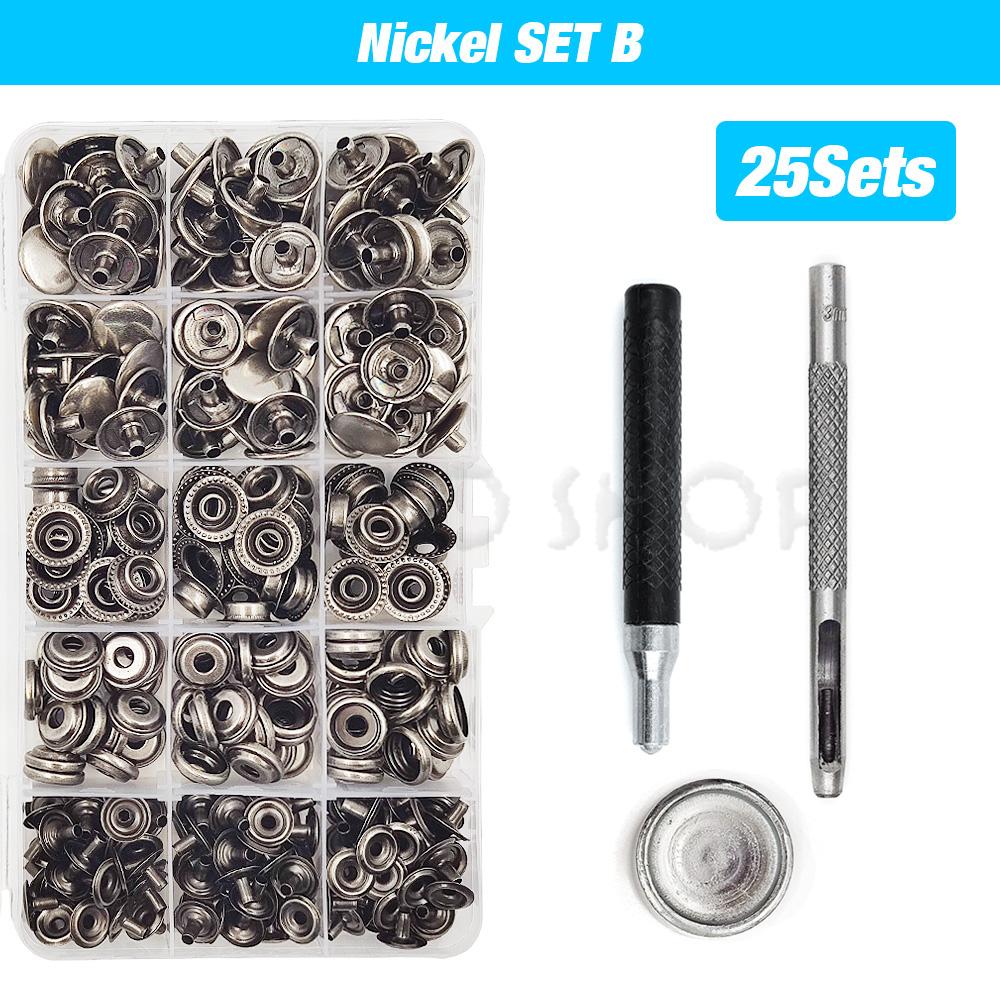 25Sets Metal Snaps Button Snap Fasteners Press Studs With 4 Installation Tools Kit For Clothes Garment Bags Shoes Leathercraft