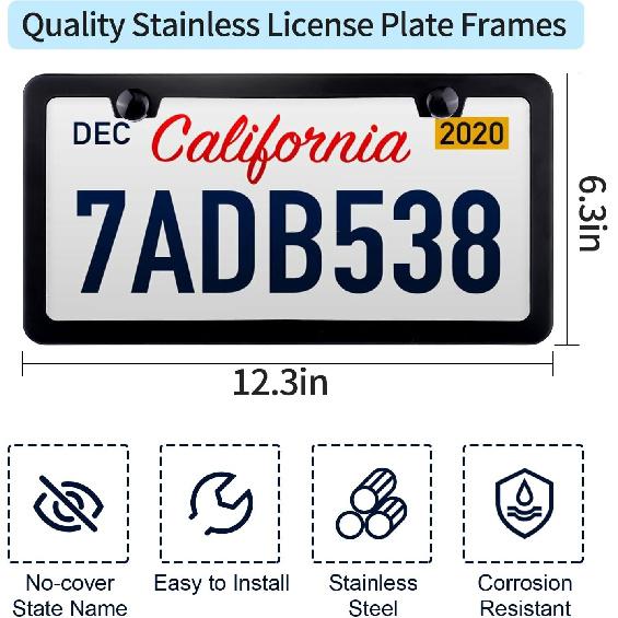 License Plate Frames Black - 2 Pack Rustproof Stainless Steel License Plate Holders, Well-Equipped Durable Front License Plate Mounting Kit With 2
