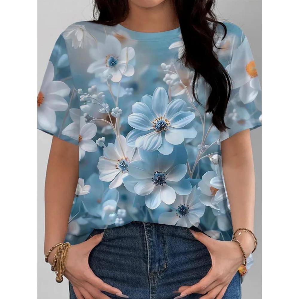 Ladies Summer Colorful Flower Printed Large Loose Casual T-shirt Fashionable Comfortable Soft Breathable Short Sleeved T-shirt