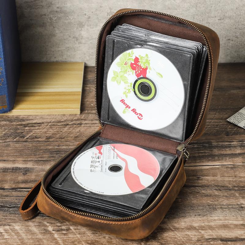 Retro Crazy Horse Leather CD Storage Case for 56 Discs with Wrist Strap