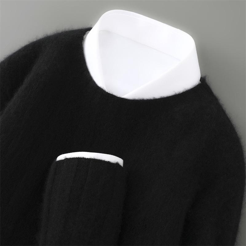 Men s 100% Wool Sweater, Round Neck, Thickened, Solid Color, Casual Loose Fit, Ribbed Knit, Autumn/Winter. L
