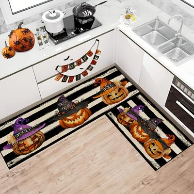 Tapete de Cozinha Macio com Tema de Halloween Abóbora Tapete de Cozinha Antifatiga Impermeável Antiderrapante Conjunto de Tapetes Tapete Passadeira Tapete de Cabeceira Tapete Absorvente Para Cozinha