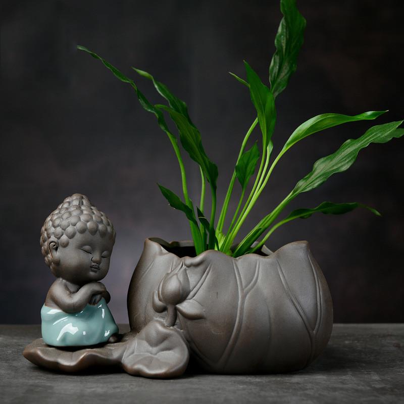 DXUIALOI Neu Chinesisch Kreativ Hydrokultur Pflanzen Chrysantheme Kupfer Geld Blumentopf Vase Zen Keramik Handwerk Heimdekoration