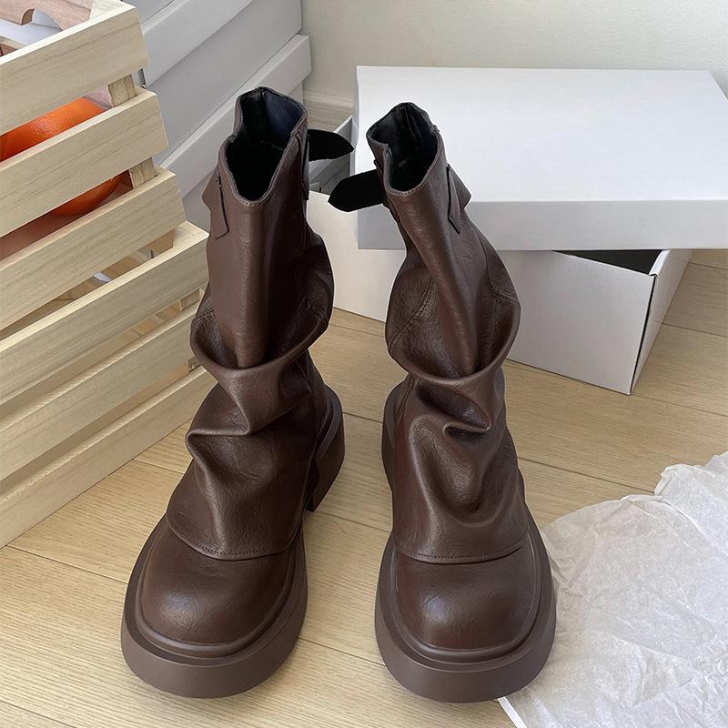 Women Boots 2026 Autumn Round Toe Chunky Platform Mid Calf Boots Fashion Retro British Style Wedges High Top Boots Botas Mujer