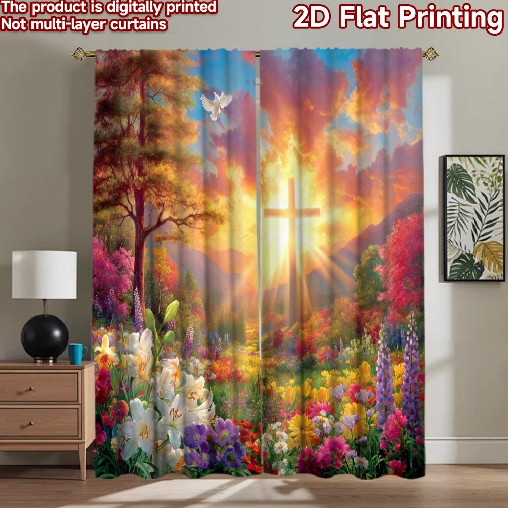 2D flat printing 2pcs Window Drapes Easter Lily Cross Dove Sunrise Digital Printed Polyester Drapes Holiday Decorations for New