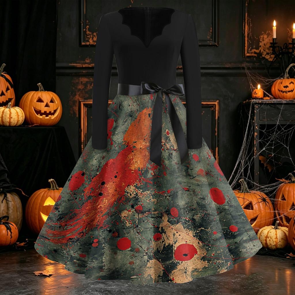 Women Casual Long Sleeve V Neck Vintage Dress Halloween Print Retro Style A Line Midi Dress with Waist Tie Belt