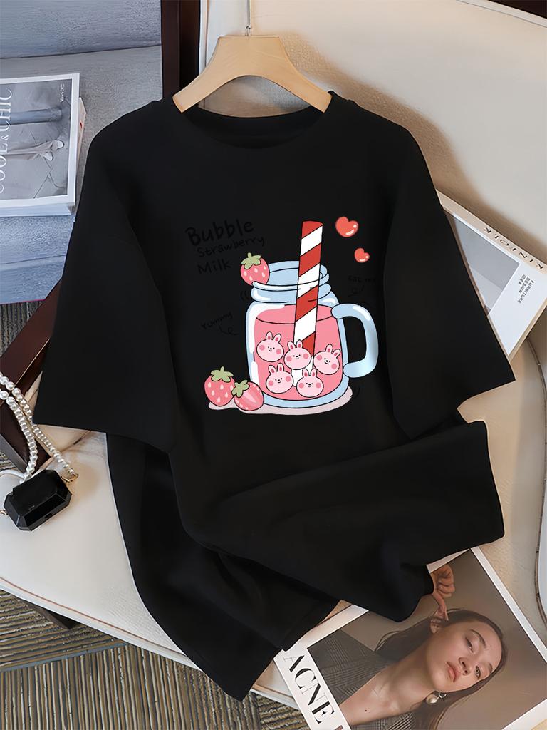 Delicious Strawberry Beverage Print Women T Shirt Summer Breathable Tee Cotton Street Clothing Casual Sport Cool Short Sleeve