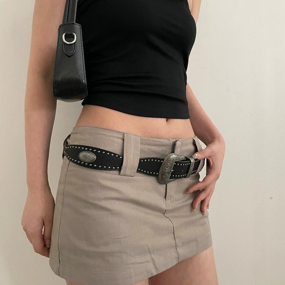 Cool PU Vintage Waistband American Style Coffee Y2K Belt Strap Buckle Black Rivet Belt  Women