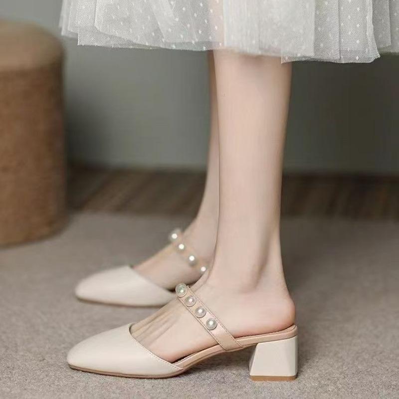 Gentle and Cool Slippers Women's New Breathable Summer Versatile Outer Wear Bag Head Half Support High Heel Slippers