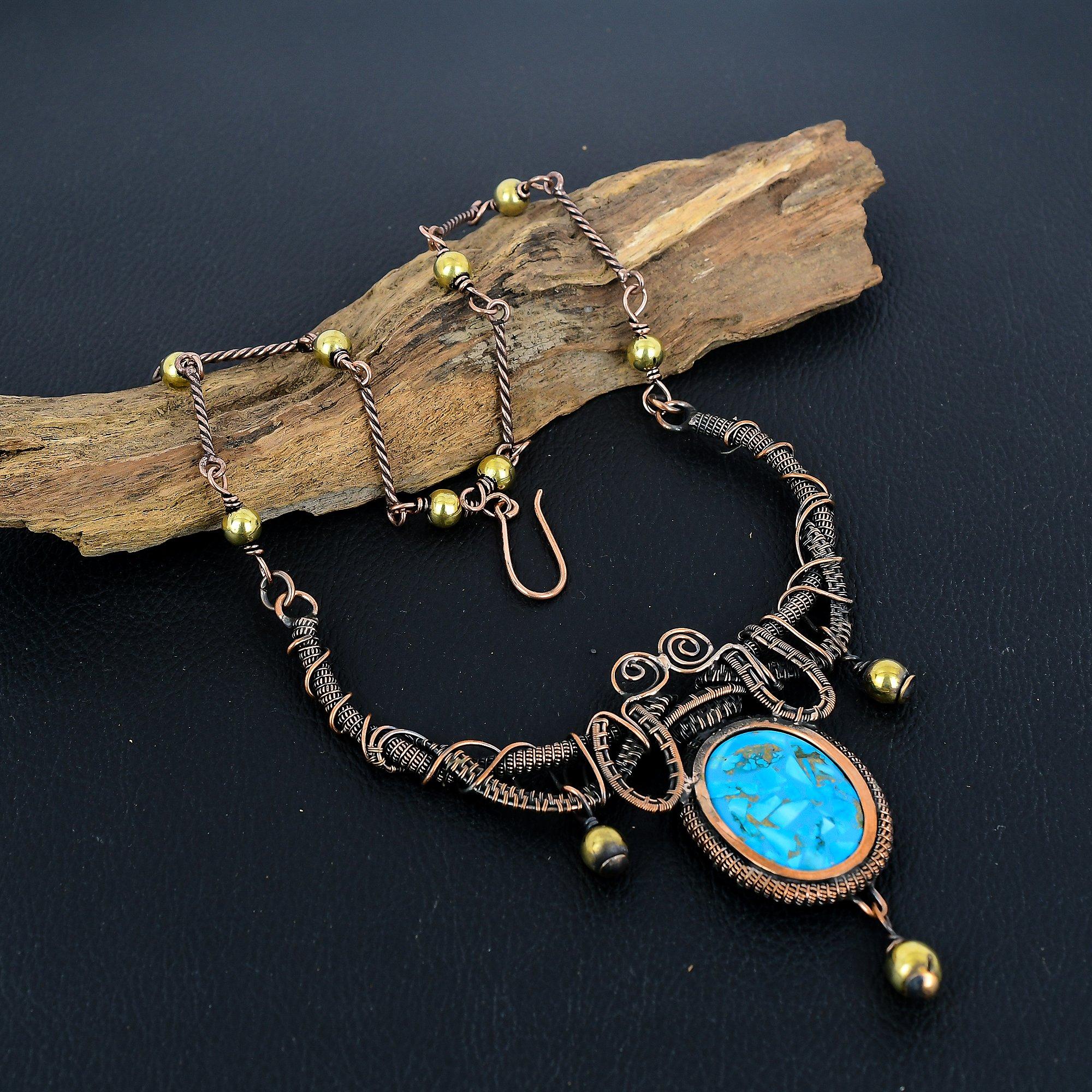 

Ожерелье из бирюзы голубой меди ручной работы, обернутое медной проволокой 999 пробы, антикварное украшение, для подарка на помолвку