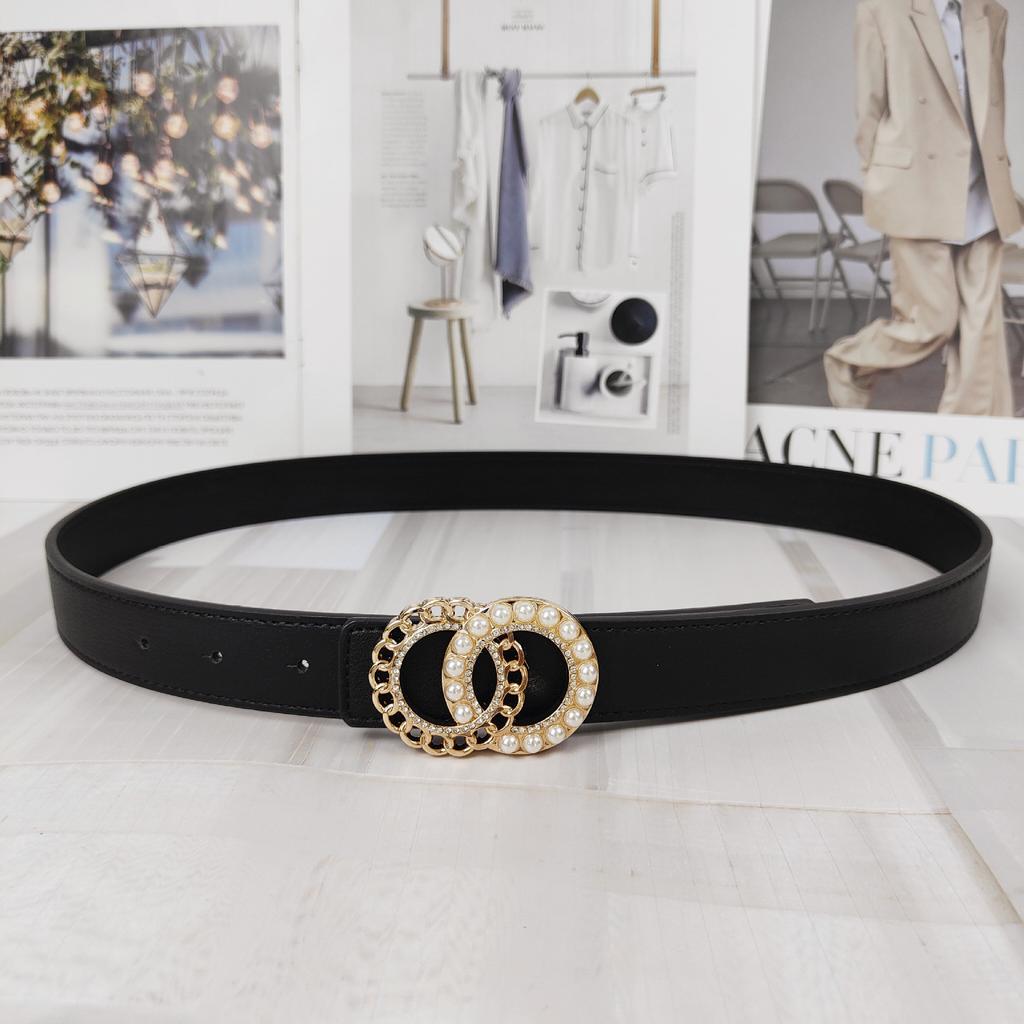 Colored Lychee Pattern Cowhide Belt Women'S Double Circle Pearl Smooth Buckle Simple Dress Belt