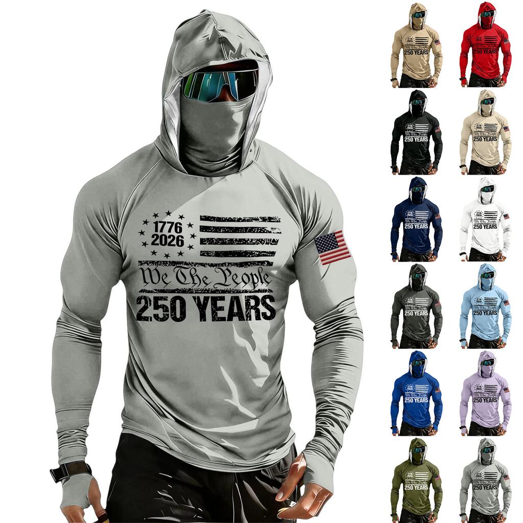 Men's Casual Raglan Sleeve Hooded Long Sleeve Sun Protection Shirt Lightweight Breathable Outdoor Activewear with Face Cover