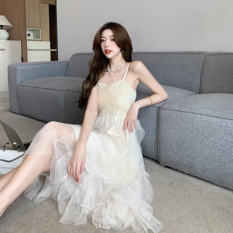 Sommer Sexy Spaghettiträger Mesh Patchwork Midikleid für Damen Mode Ärmellose Rüschen Rückenfreies Club Schlanke Partykleider