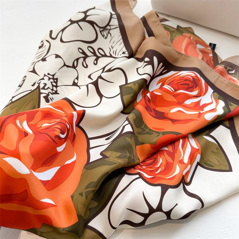 New Rose Printed Designer Large Square Scarf Spring and Autumn Warm Floral Scarf Twill Silk Head Scarf Women 90cm Shawl Luxury