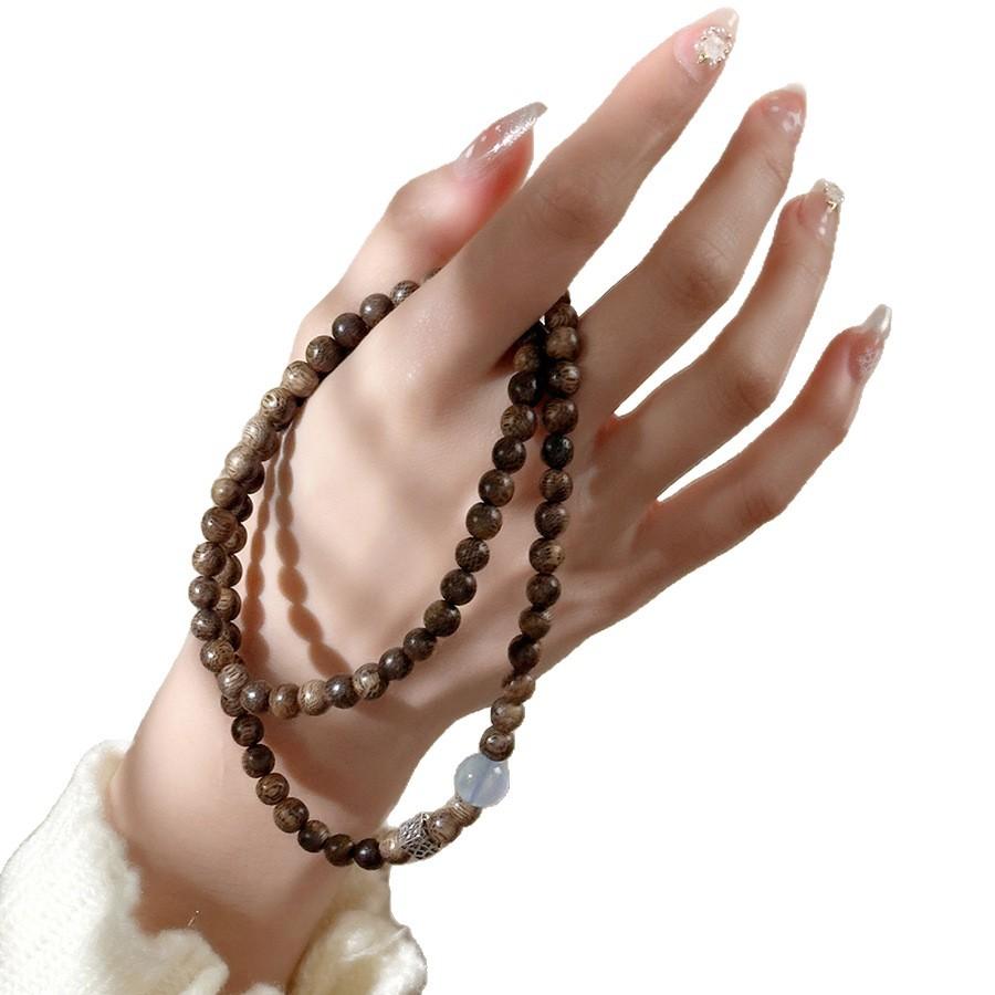 s9Silver agarwood and aquamarine artistic and fresh three-layer bracelet, quiet and elegant