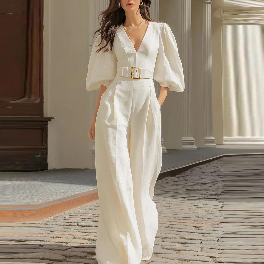 Women s V Neck Puff Sleeve Belted Wide Leg Jumpsuit S белый