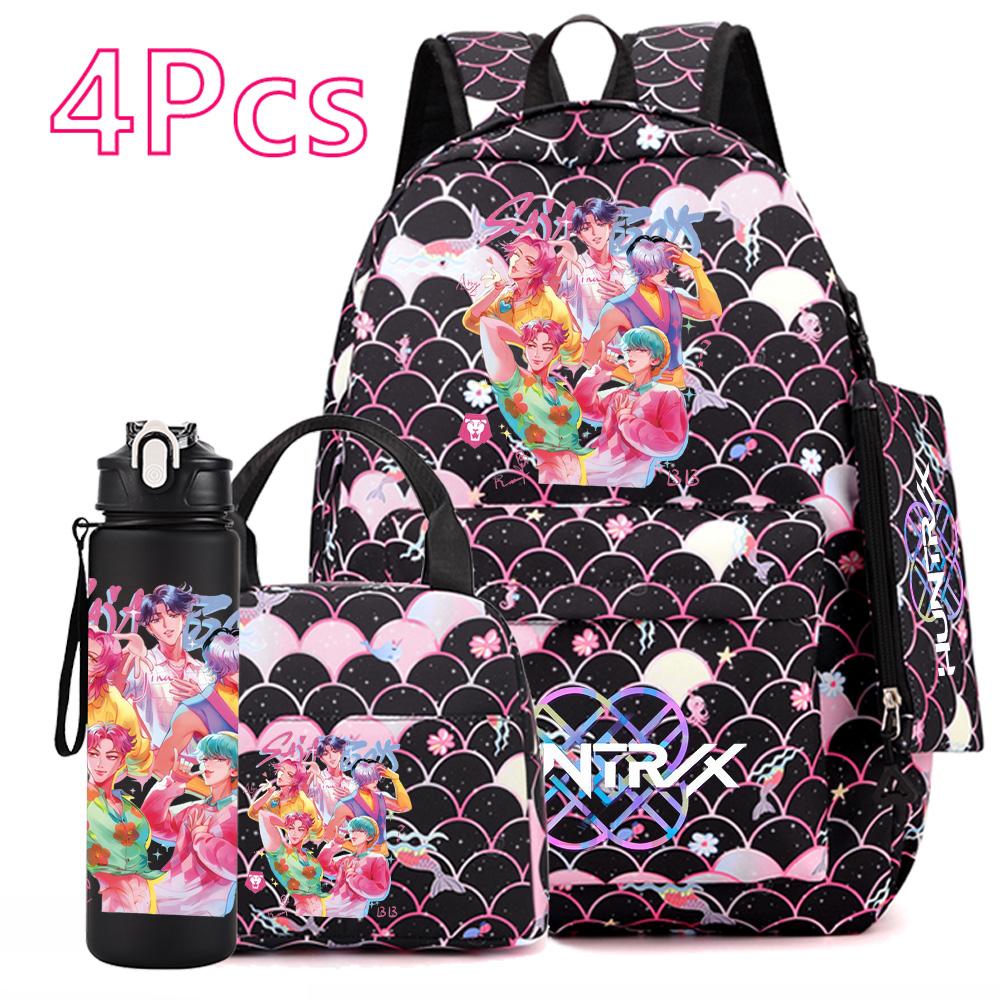 4Pcs/set Anime Cute K-POP Printed Backpack Large Capacity Bookbag HandBag Case Bag with 750ml Water Bottler Boy Girl SchoolBag Waterproof Mochila