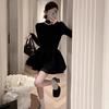 Black semi-turtleneck dress for women's autumn, autumn and winter a-word tutu skirt, short skirt with a base inside, small black skirt