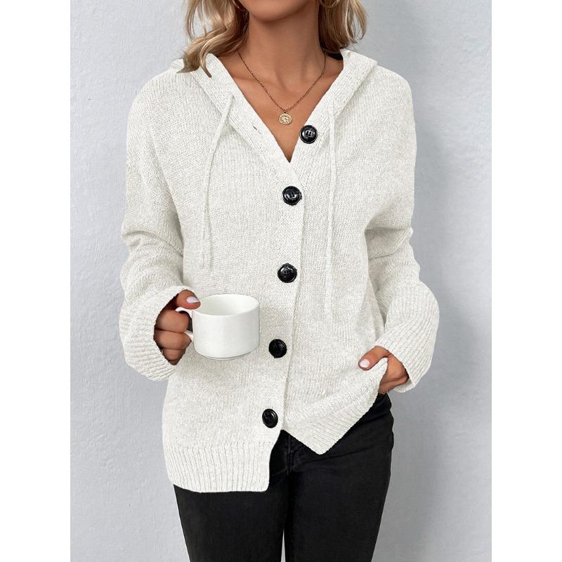 Women S Solid Color Hooded Knit Cardigan Sweater Single Breasted Long Sleeve Autumn Winter