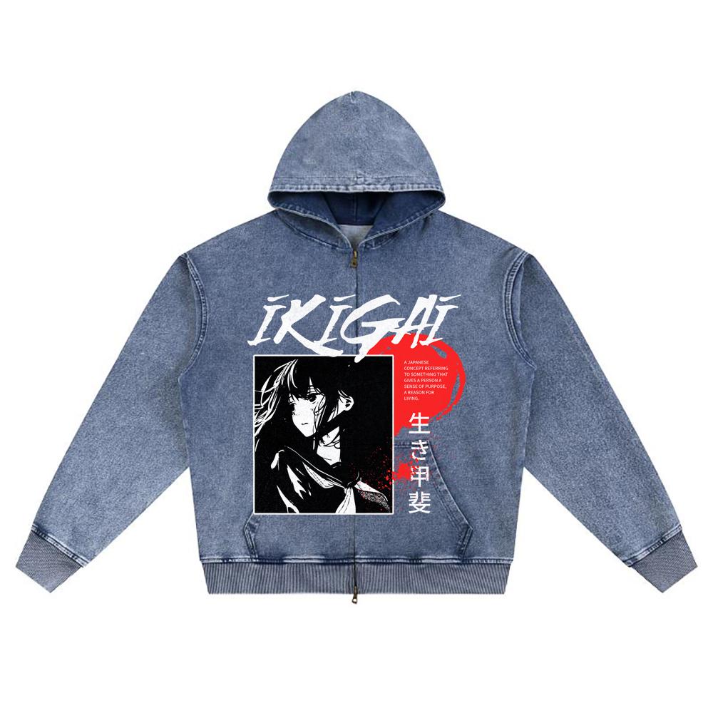 DTG print Knitted Denim Zip-Up Hoodie Ikigai Japanese Style Brother Print Zipper Hoodies