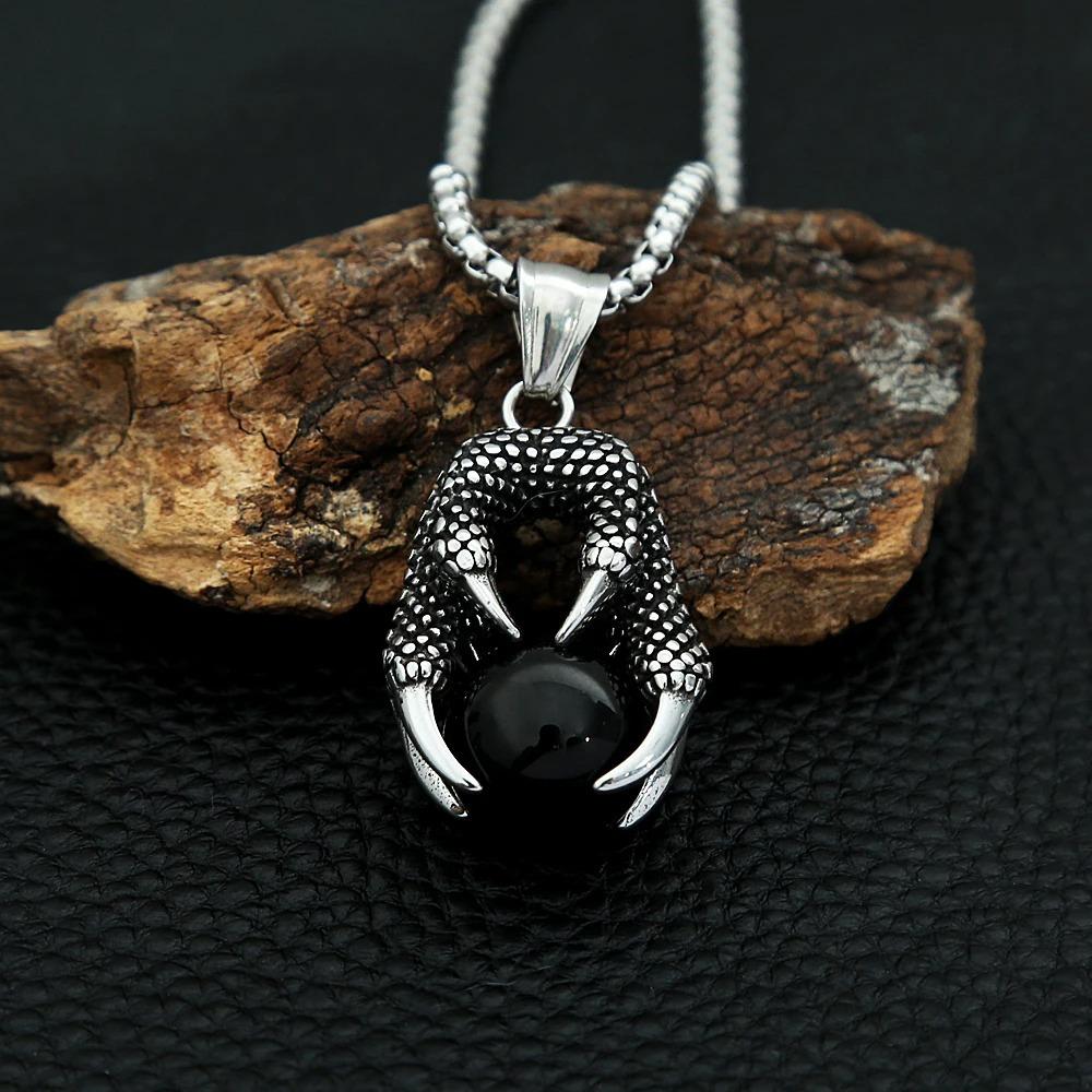 European and American Titanium Steel Dragon Claw Bead Pendant Stainless Steel Jewelry Inlaid Stone Pendant Personalized Men's Necklace
