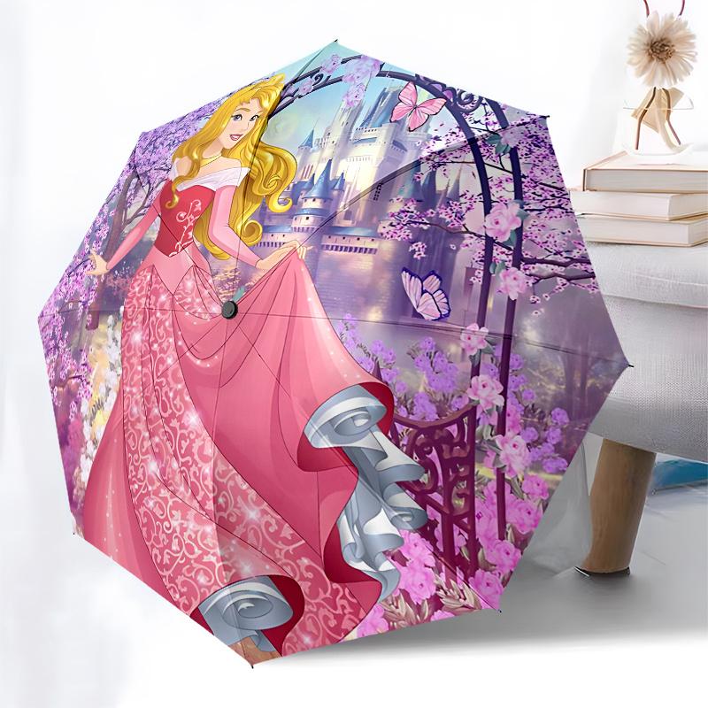 Princess Aurora, Fantasy Castle Automatic Opening and Closing Umbrella - 8 Ribs Portable Folding Umbrella with Plastic Handle, Suitable for