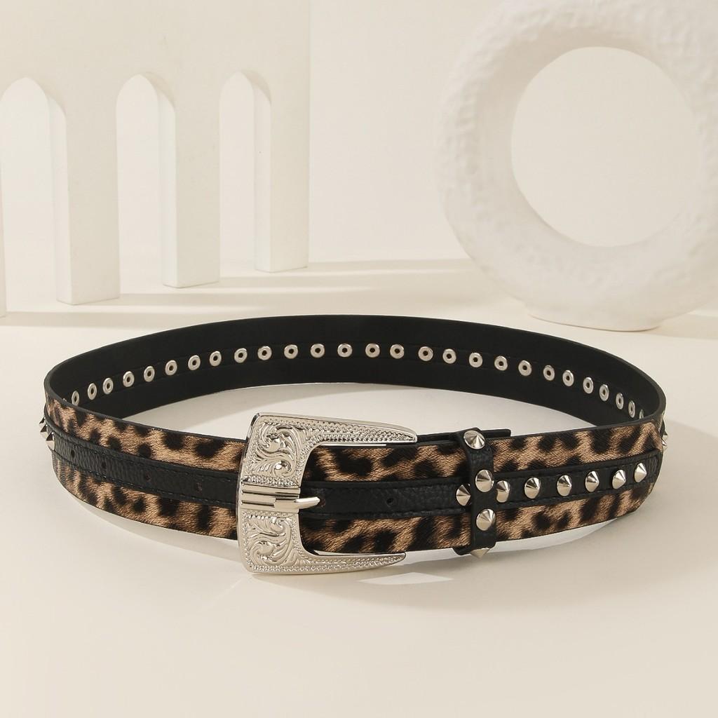 Fashion Print Leopard Pattern Rhinestone Metal Buckle Decoration Women Wide Belt