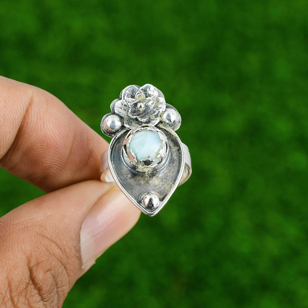 Gift For Her Natural Larimar Statement Flower Adjustable Ring 925 Silver