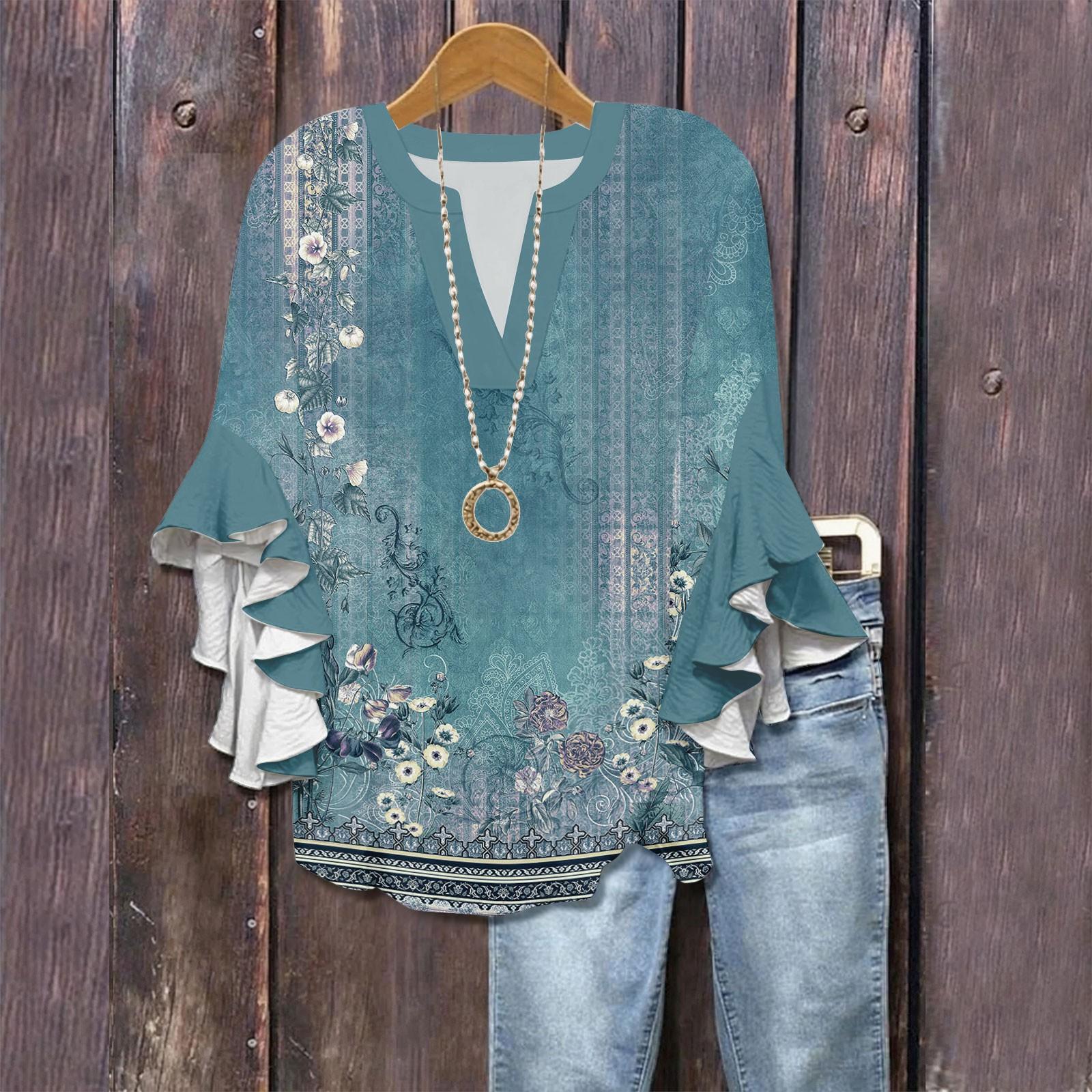 

Сорочки з рукавом 3/4 для жінок Милі футболки з графічним принтом Блузки Повсякденні великих розмірів Базові топи з рукавами-рюшами Пуловер XXL