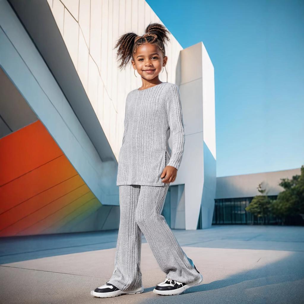 Girls' Fashionable Long-sleeved Knitted Top with Flared Pants Set - Summer Children's Casual Outfit
