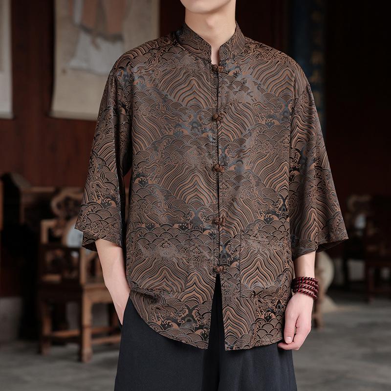 Chinese style ice silk seven-quarter-sleeved shirt men's Tang suit buckle Hanfu large size printed short-sleeved shirt ethnic style