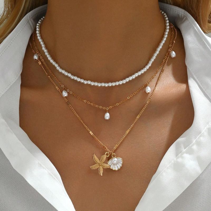 Simple Braided Bead Chain Necklaces, Gold Tone, Layered Pendant Necklace Set for Women Daily and Party Wear