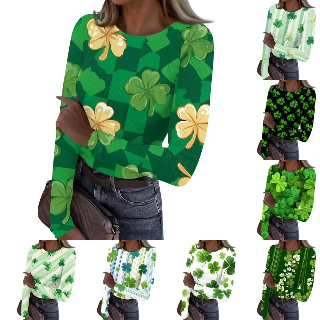 Women's Casual Fashion Round Neck St. Patrick's Day Print Long Sleeve Ribbed Top