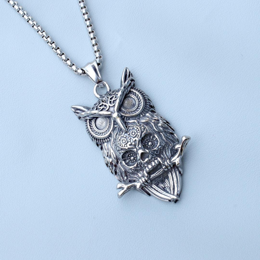 Punk Style Titanium Steel Owl Skull Necklace Retro Dark Pendant 60CM