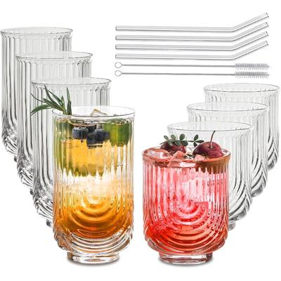 Water Drinking Glasses Set of 8-4 Highball Glasses 14 Oz, 4 Rocks Glass Cups 12 Oz, Arch Design Cocktail Glasses, Vintage
