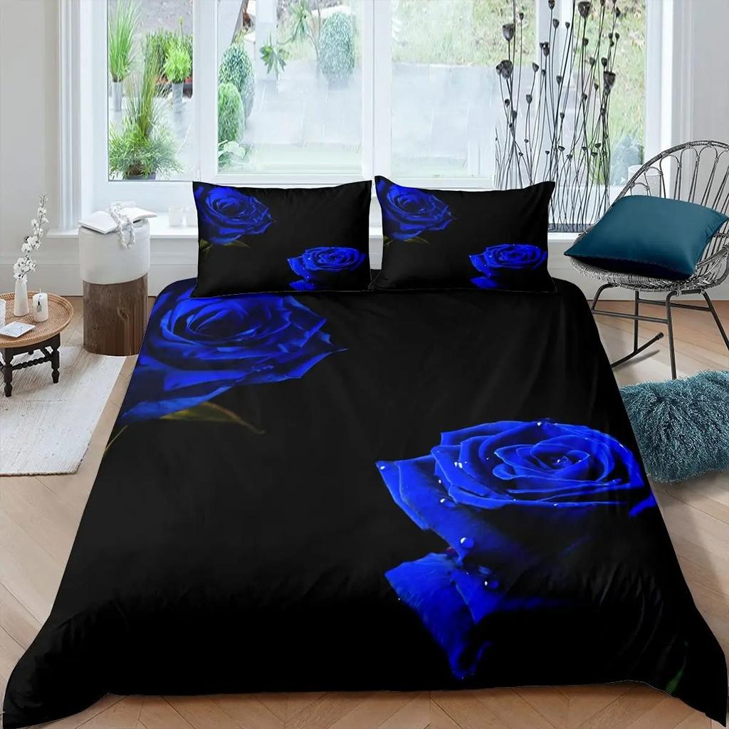 Blaues Rosen-Bettbezug-Set King-Size 3D-gedrucktes Blüten-Blumen-Bettwäscheset Valentinstag Botanische Polyester-Bettdeckenhülle